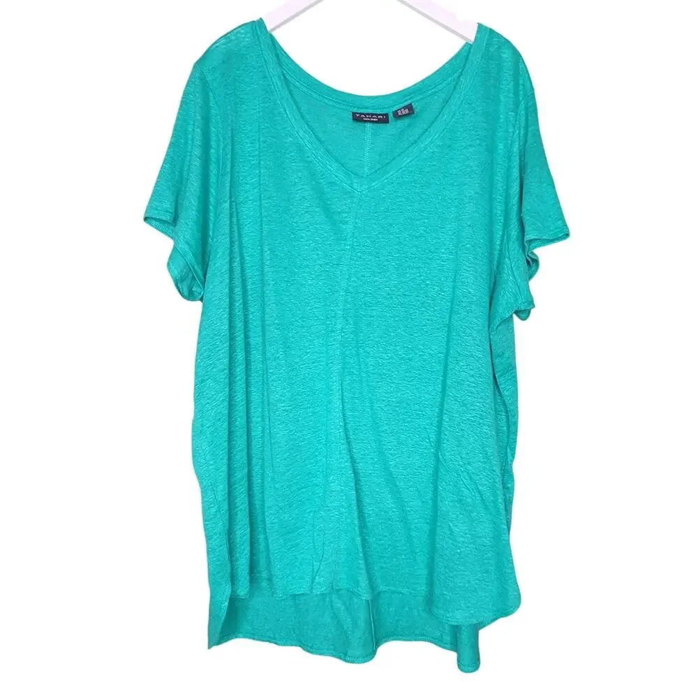 Tahari Linen T-Shirt 2X Green V-Neck Short‎ Sleeve Pullover Tee Lightweight